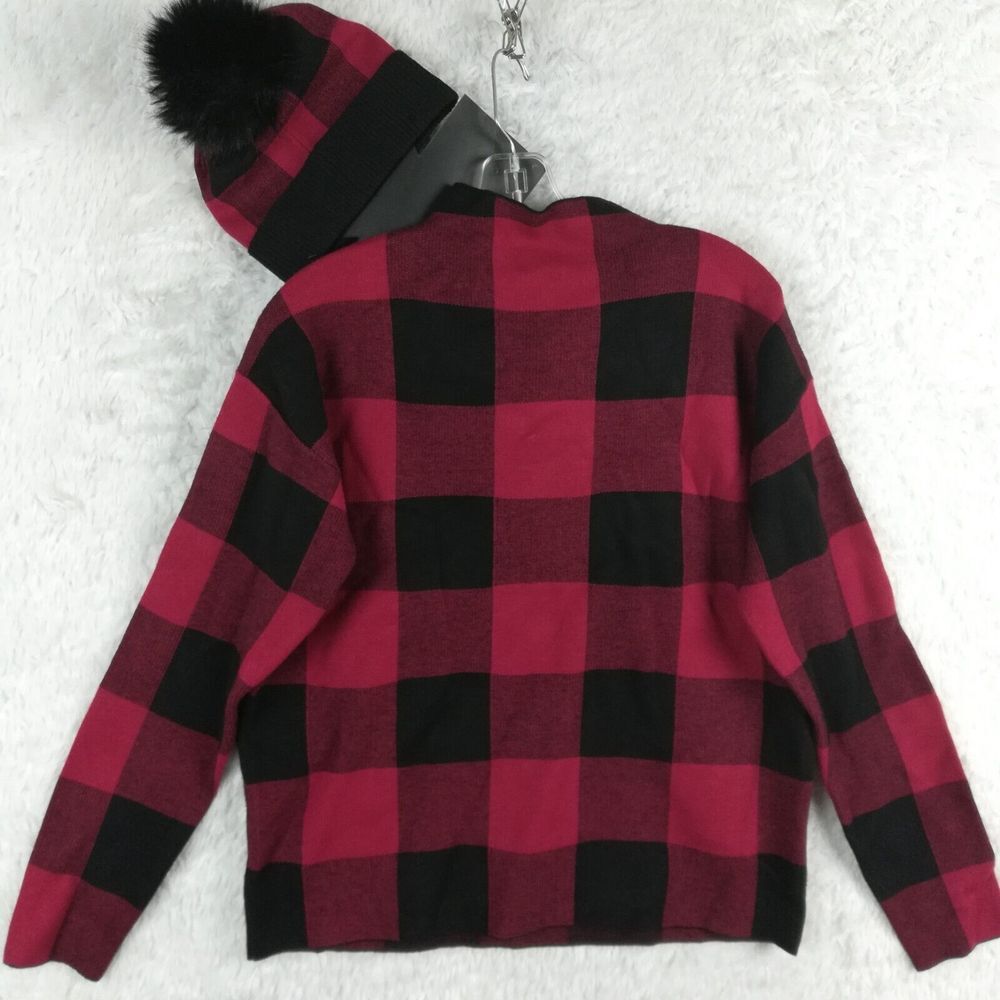 Rachel Zoe Womens Sweater Hat Set Buffalo Plaid Red Black‎ Mock Neck S New